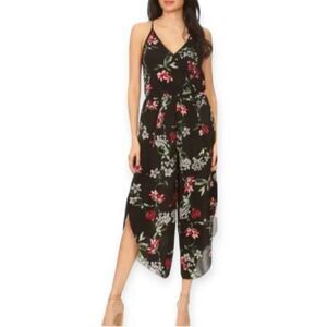 C-MODE BLACK & RED FLORAL PRINT , V-NECK JUMPSUIT WITH ELASTIC WAIST, WRAP LEG D